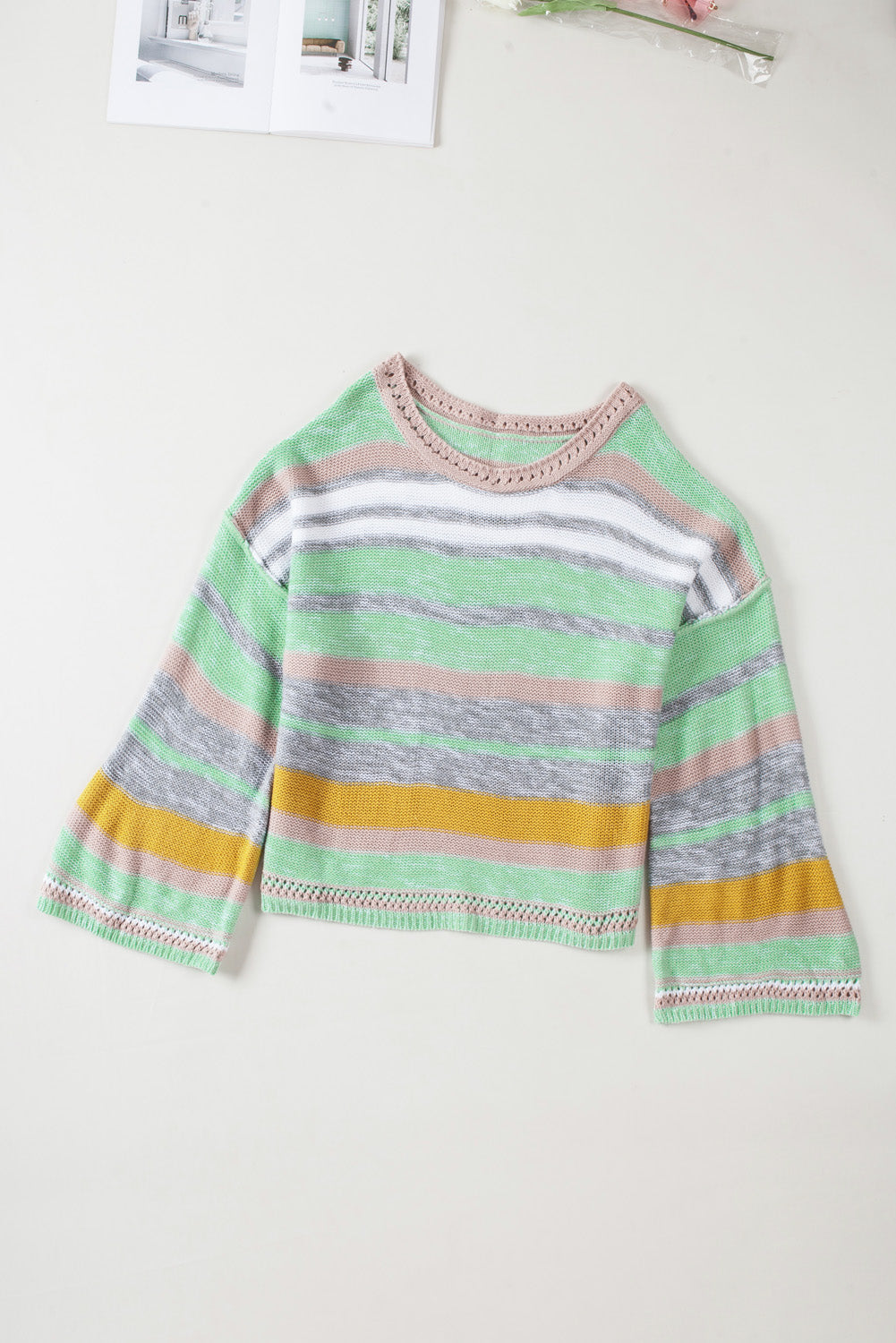 Green Striped Bell Sleeves Loose Sweater