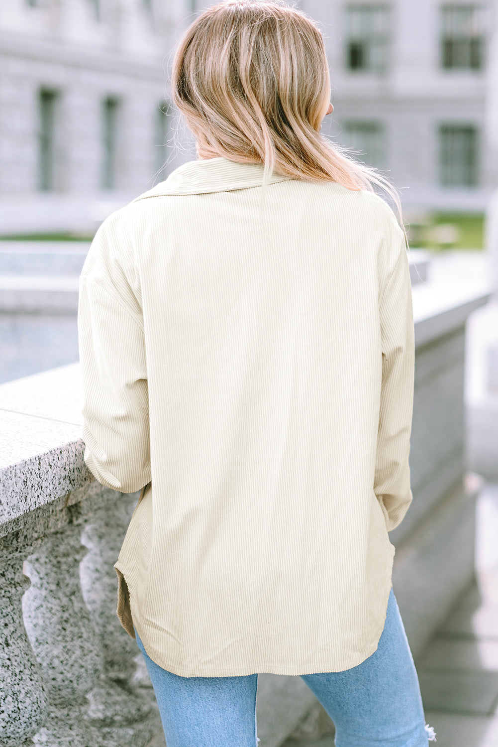 Beige Corduroy Buttoned Front Pocketed Shacket