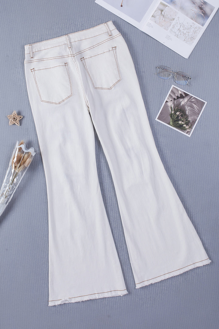 White Light Washed Distressed Slits Button Fly Flare Jeans