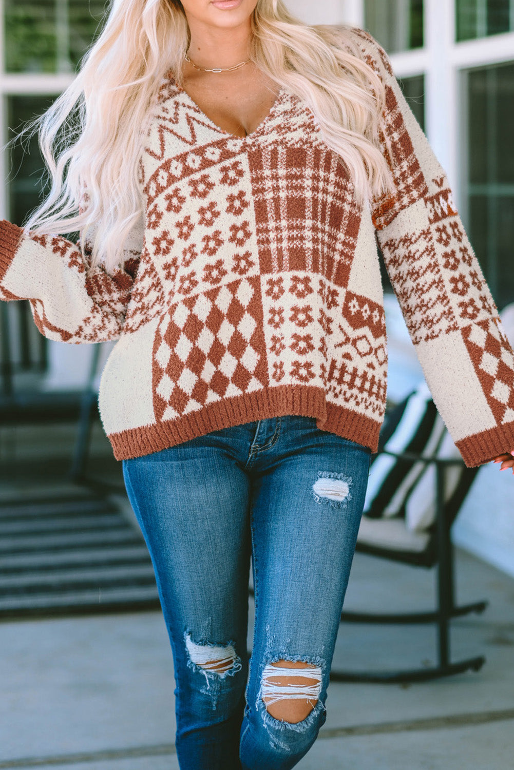 Brown Mixed Pattern V-Neck Oversized Sweater