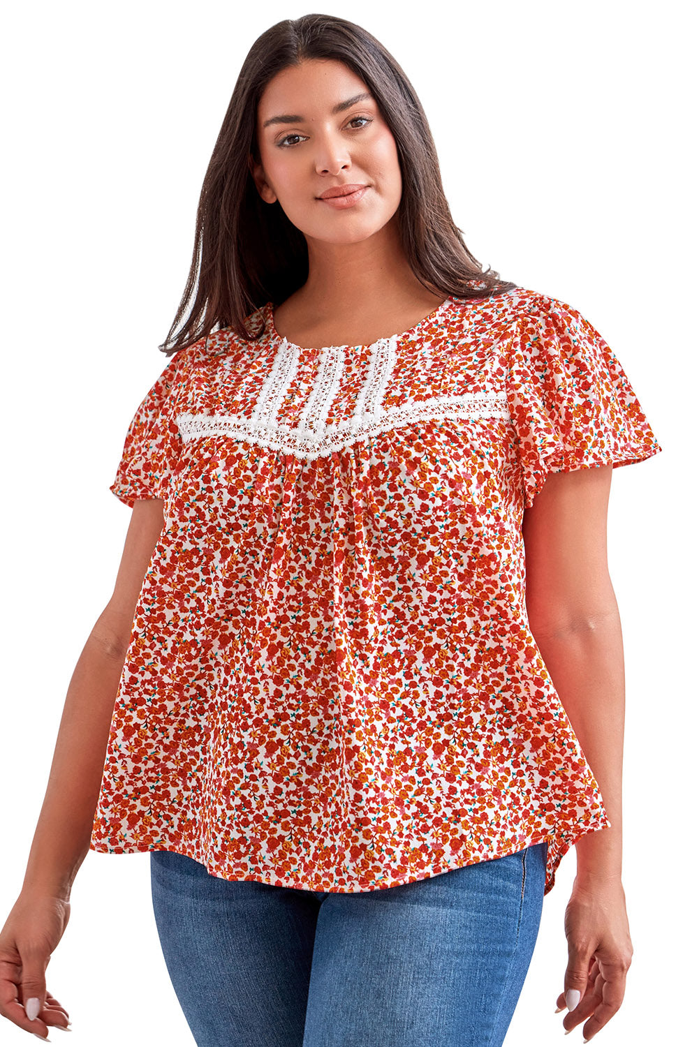 Red Floral Printed Lace Trim Plus Ruffle Sleeve Blouse