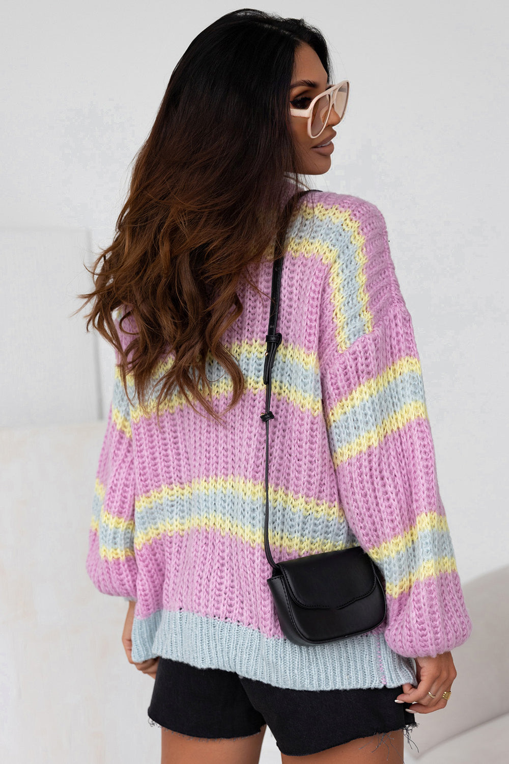 Pink Contrast Striped Open Front Cable Cardigan