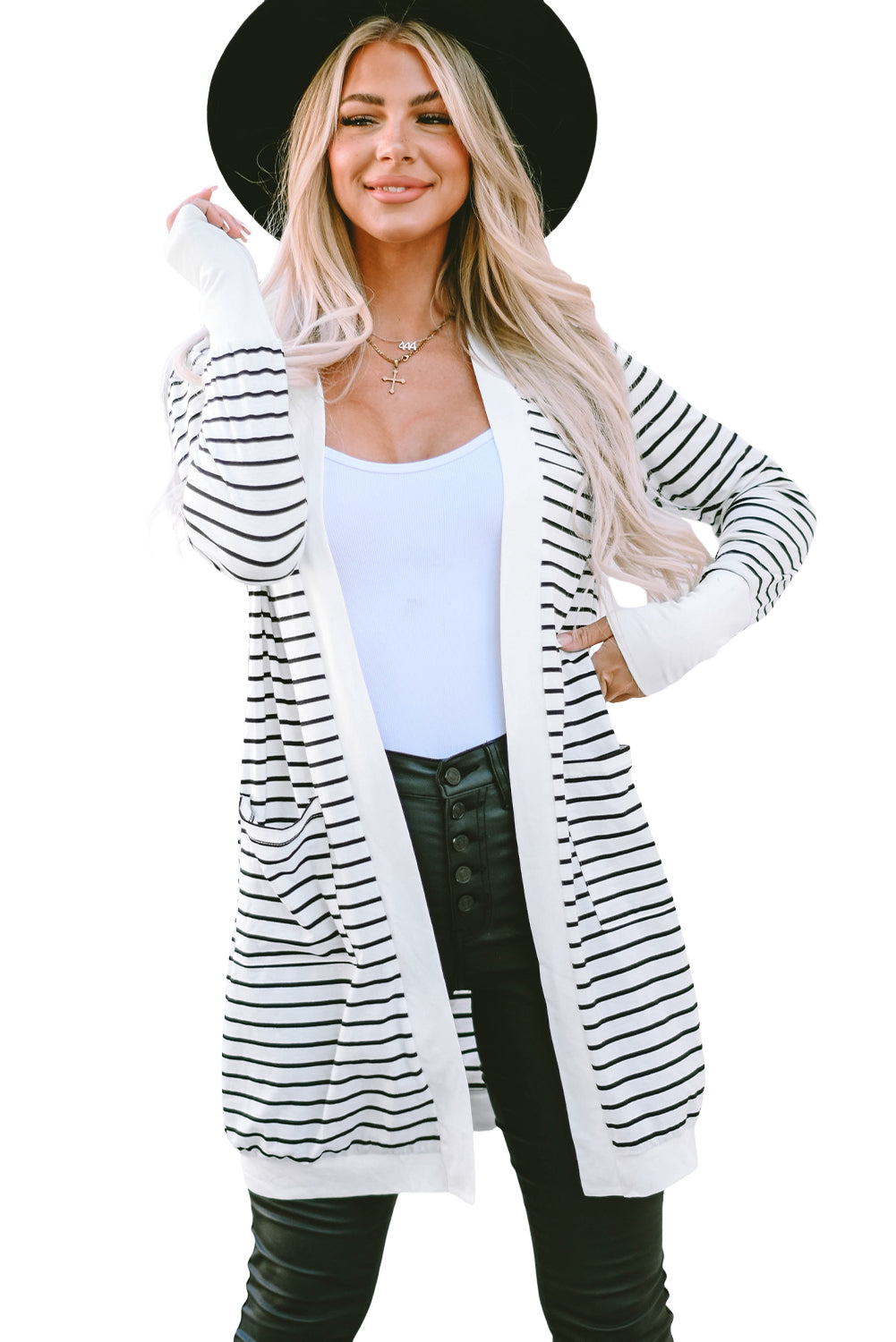 White Striped Side Pockets Open Front Cardigan