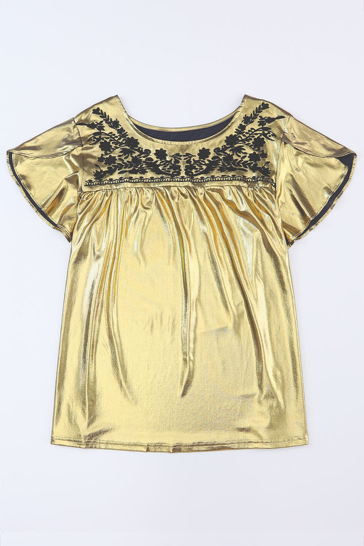 Gold Plus Size Floral Embroidered Short Sleeve Top