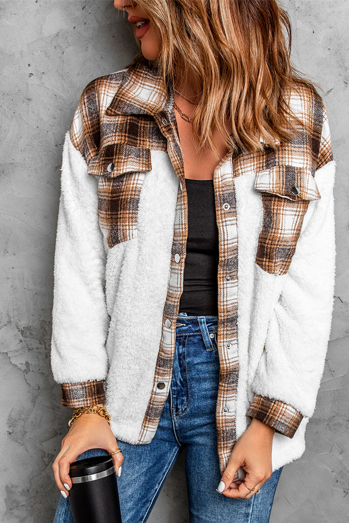 Brown Plaid Patchwork Buttoned Pocket Sherpa Jacket