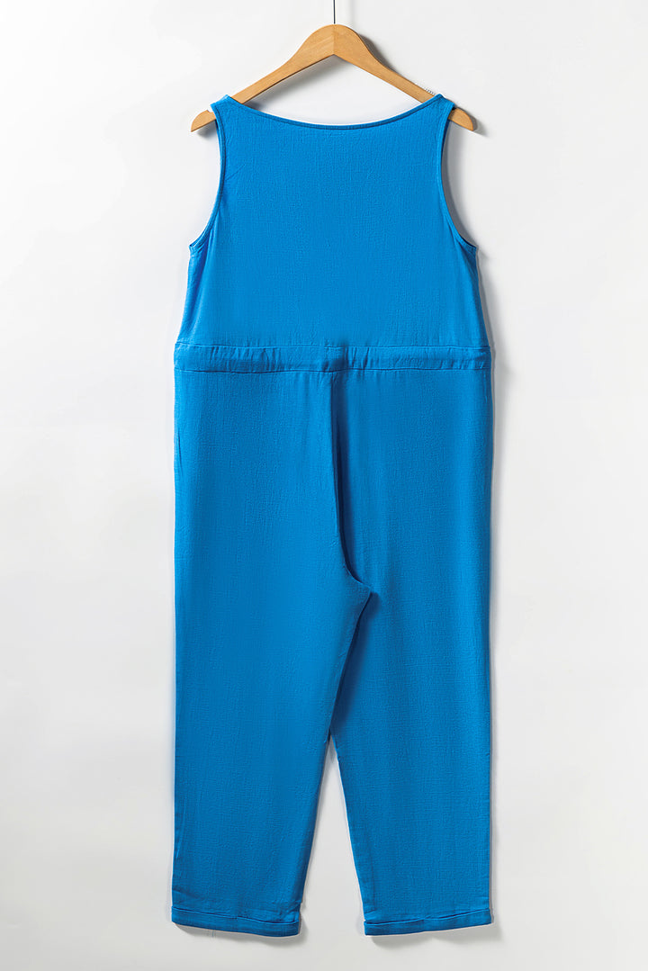 Sky Blue Button Drawstring High Waist Sleeveless Cropped Jumpsuit