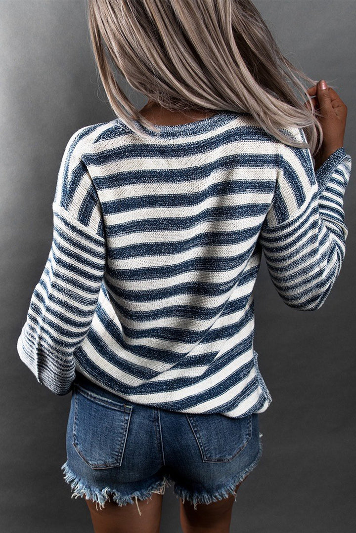 Blue Striped Knit Tie up Sweater