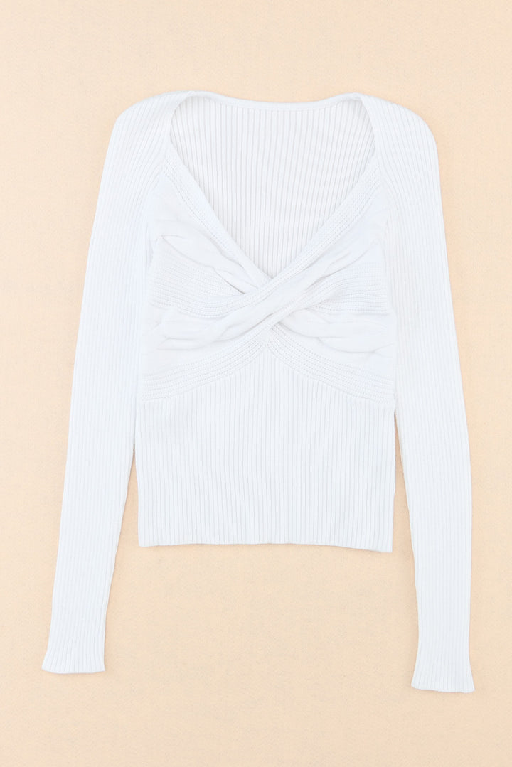 White Cable Crossed V Neck Sweater