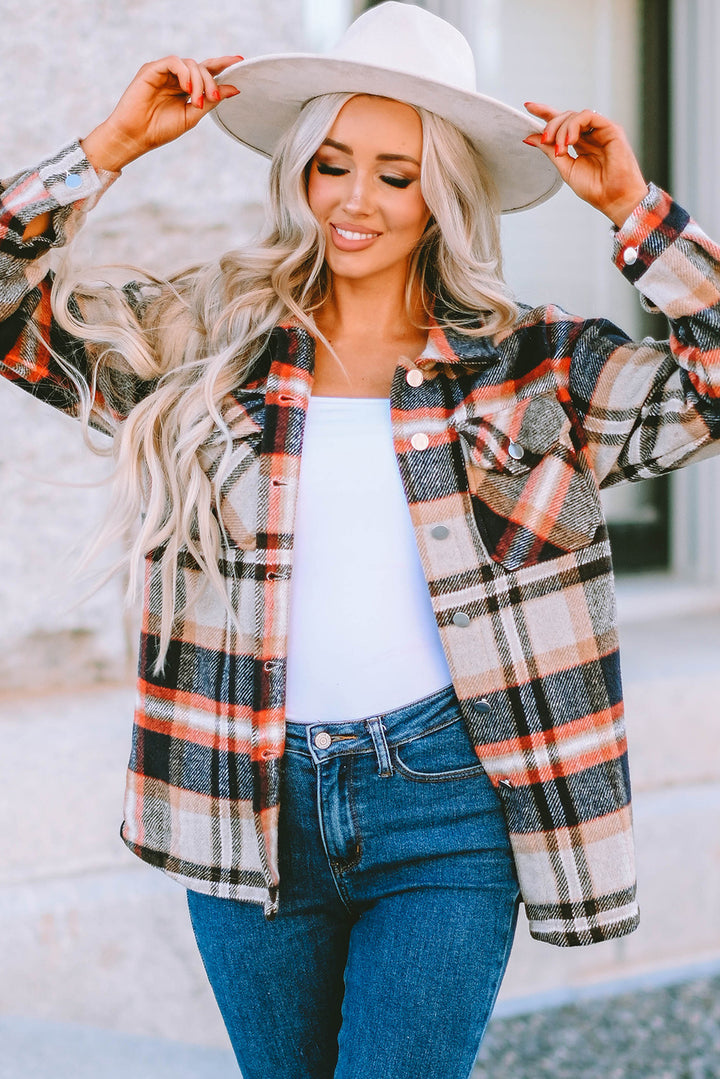 Khaki Geometric Plaid Print Pocketed Shacket